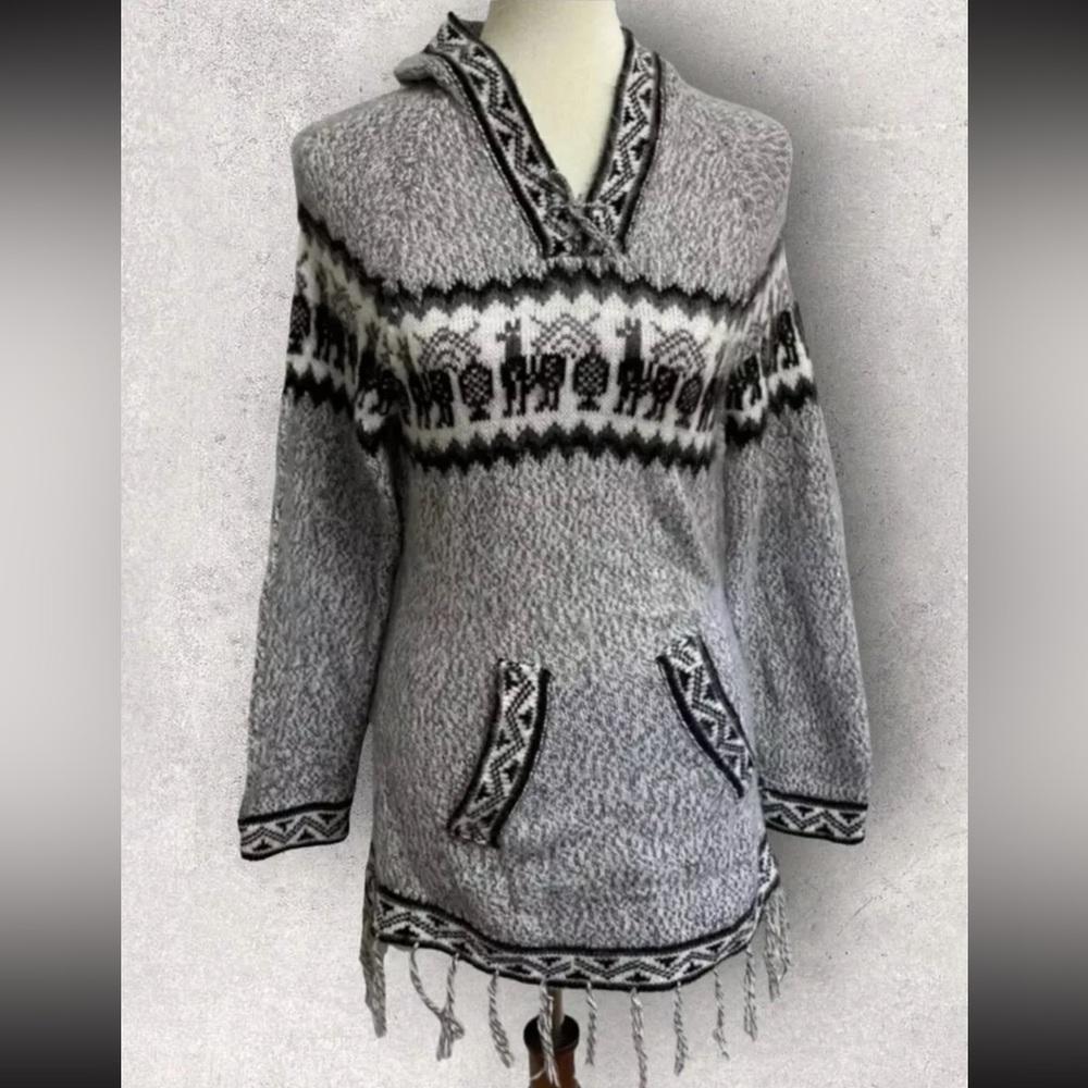 Albinaas Alpaca Hooded Sweater Womens Small Pockets, Gray, Soft Wool, Pullover